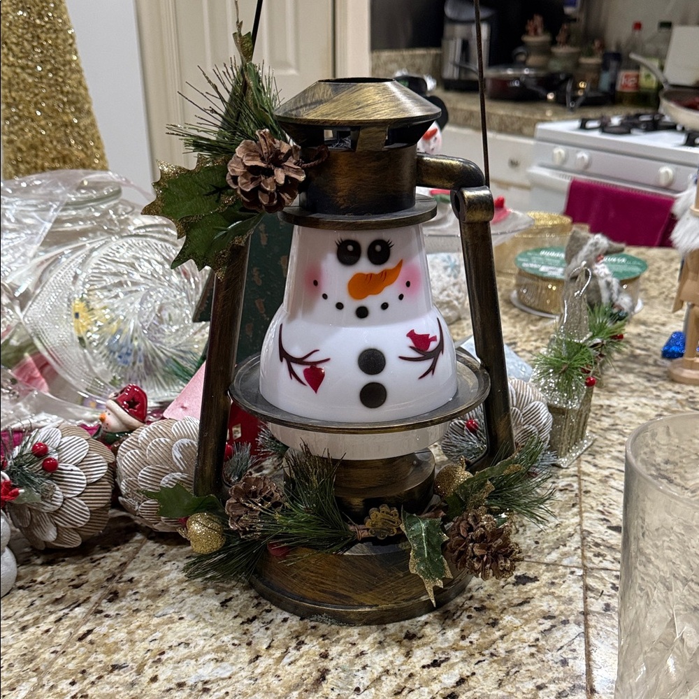 Festive Snowman Lantern with Pine Accents